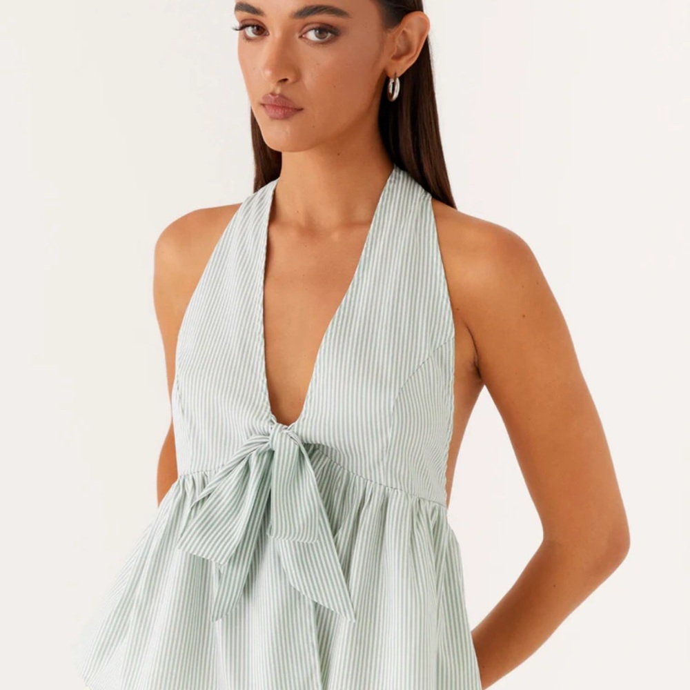 Peppermayo Light Mint Green Pinstripe Halter Tie-Front Top